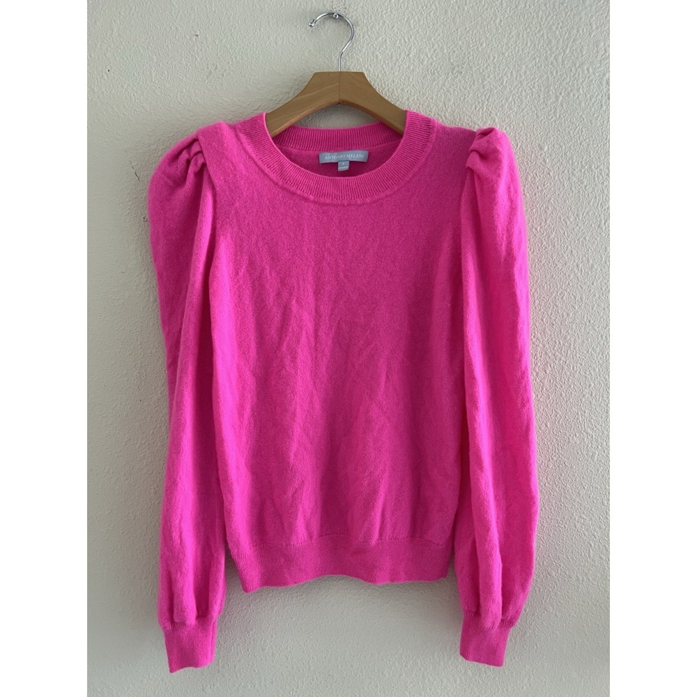 Antonio Melani 100% Cashmere Pink Puff Sleeve Sweater Size S Preppy Chic Vibrant